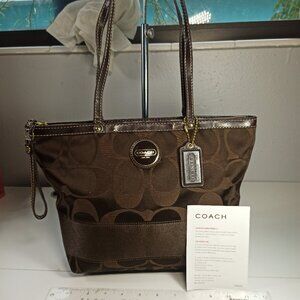 Coach New York Shopper Medium Chocolate Brown Tote Signature Stripe Canvas